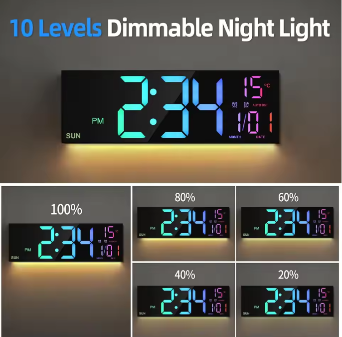 16.2'' Large Digital Wall Clock with Remote Control Big LED/Dual Alarm/8 RGB