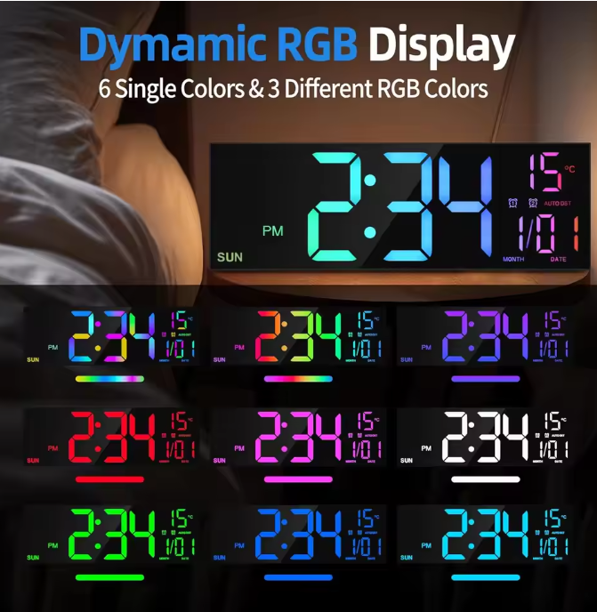 16.2'' Large Digital Wall Clock with Remote Control Big LED/Dual Alarm/8 RGB