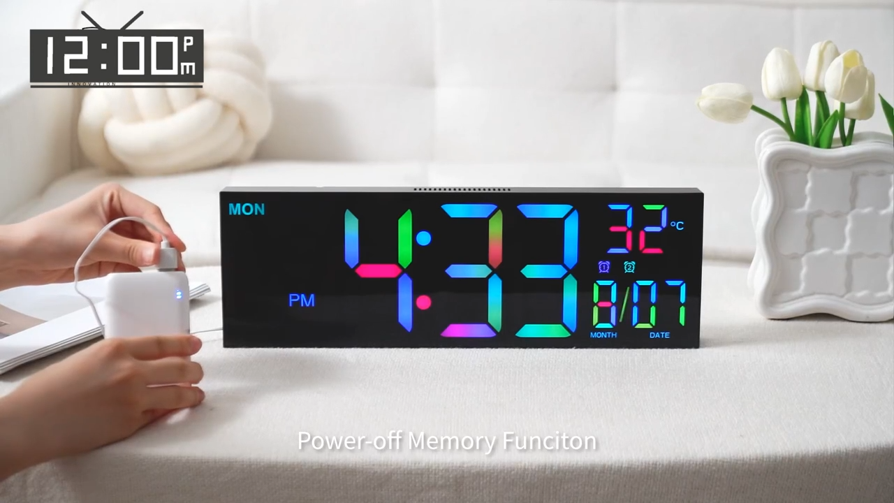 16.2'' Large Digital Wall Clock with Remote Control Big LED/Dual Alarm/8 RGB