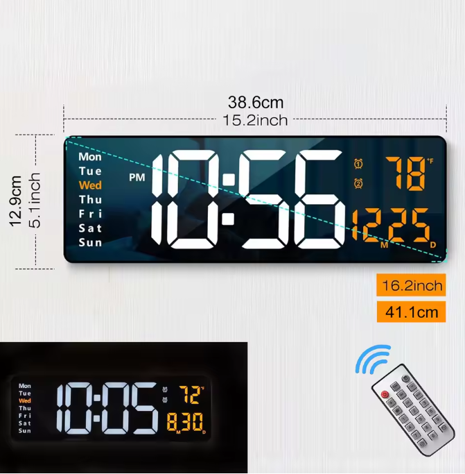 16.2'' Large Digital Wall Clock with Remote Control Big LED/Dual Alarm/8 RGB